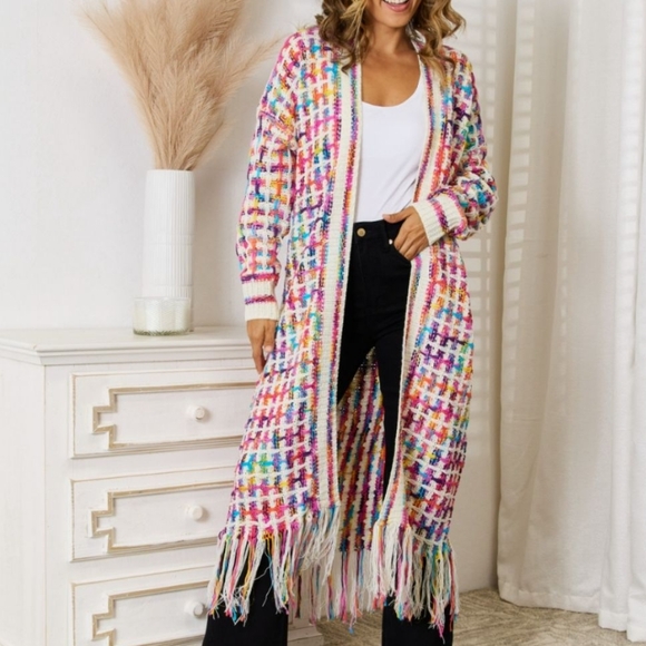 Kaleidoscope Fringe Long Cardigan - Red White Multi - Picture 4 of 6